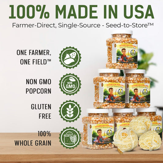 Six Pack Yellow Mushroom Popcorn Kernels – Non-GMO Large Popping Corn – Great for Sweet or Savory Coatings – (6 × 1 lb Tubs)