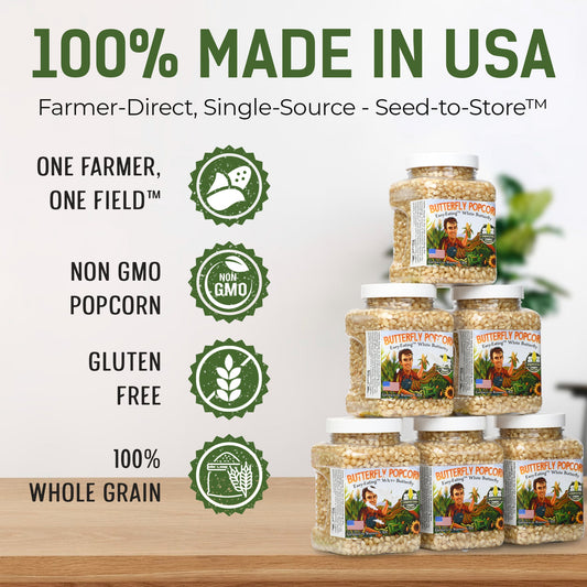 Six Pack White Butterfly Hulless Popcorn Kernels – Non-GMO Farmer Direct – Old Fashioned Hulless – (6 × 1 lb Tubs)