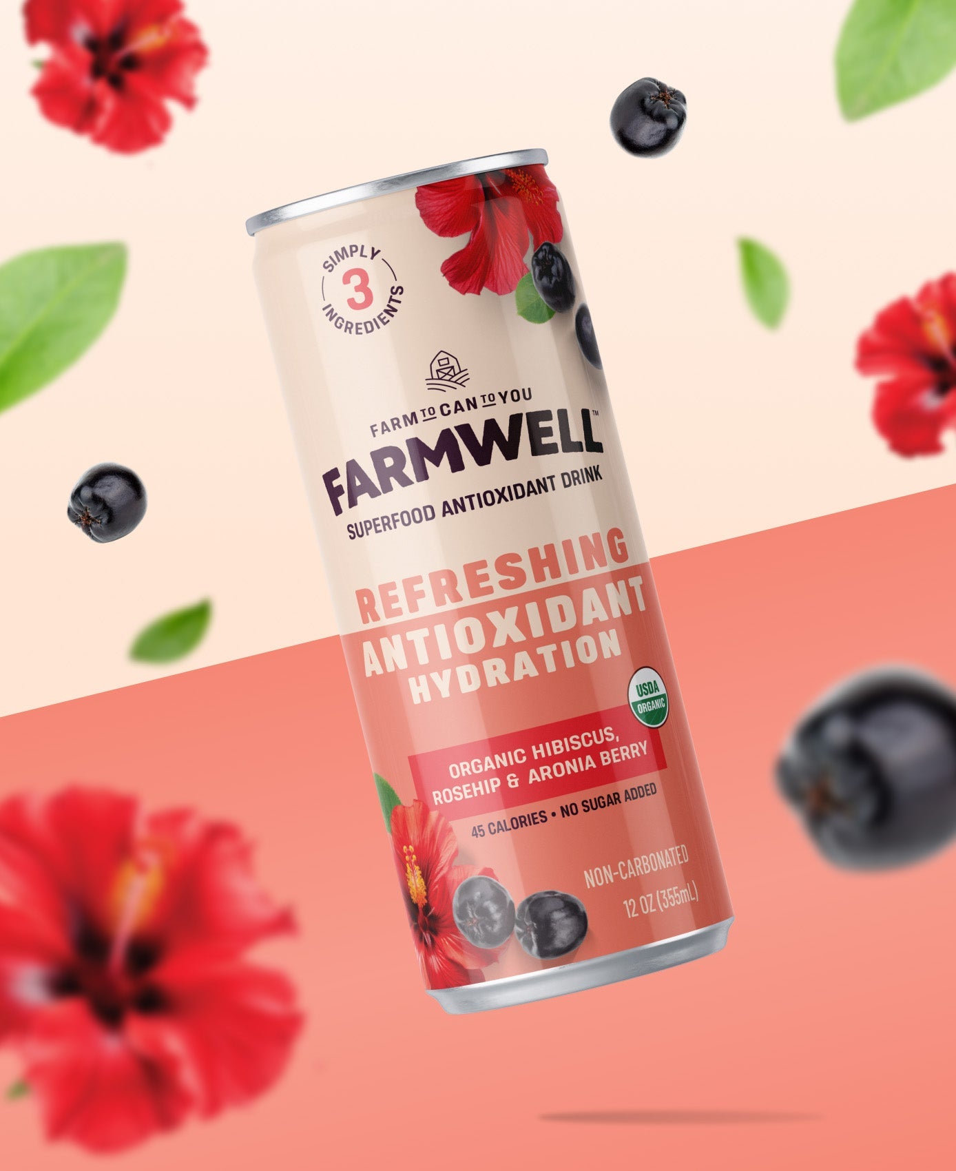 Organic Hibiscus Rosehip Aronia Drink – Antioxidant-Rich, Light Floral Refreshment – 12 Cans