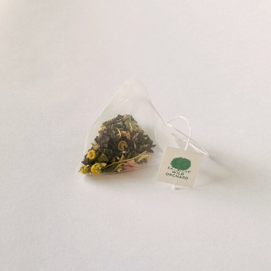 Sunday Brunch Organic Green Tea Bags by Wild Orchard, image of biodegradable tea bag