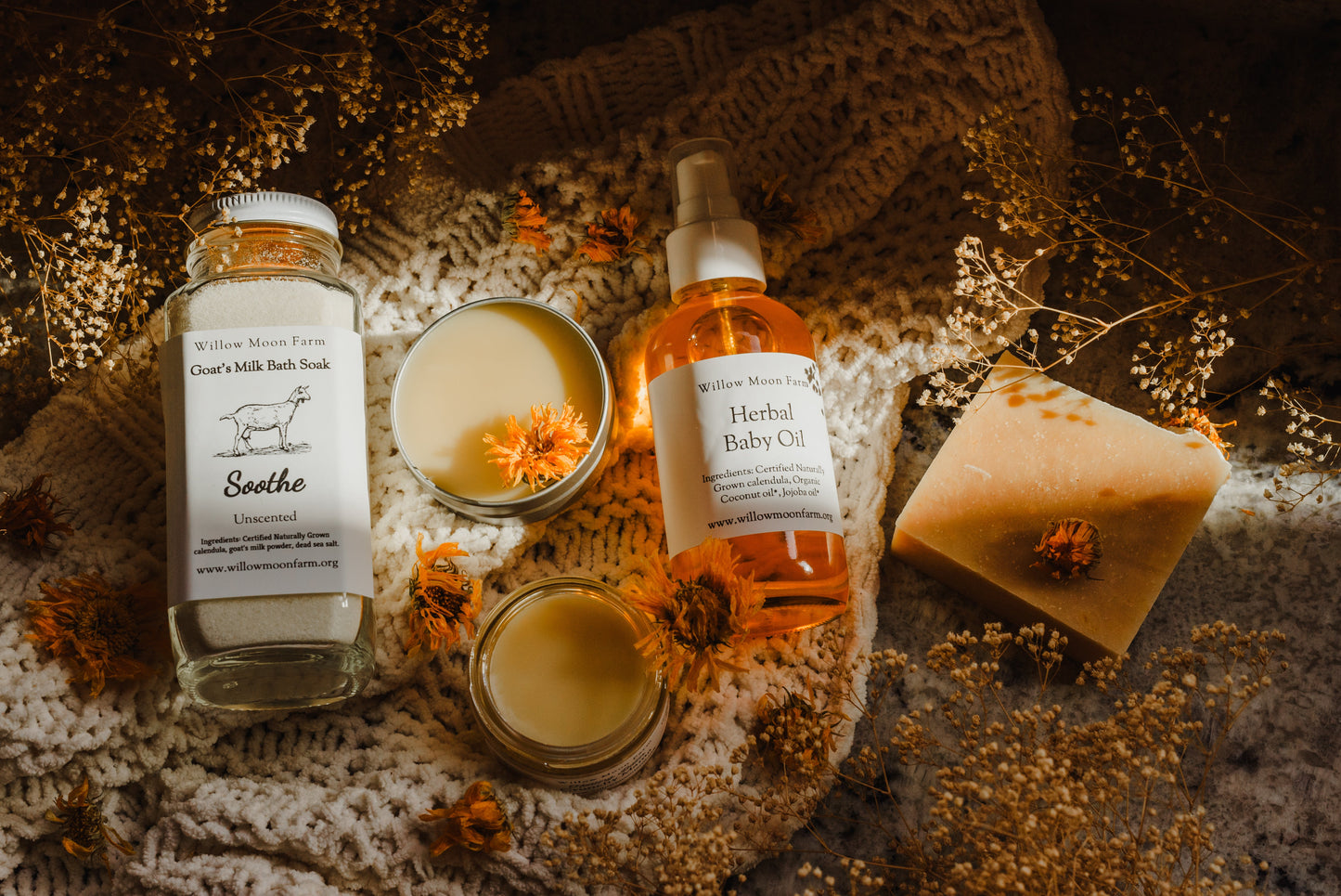 Baby bundle with herbal skincare products from organic ingredients for gentle sensitive skin infant care.