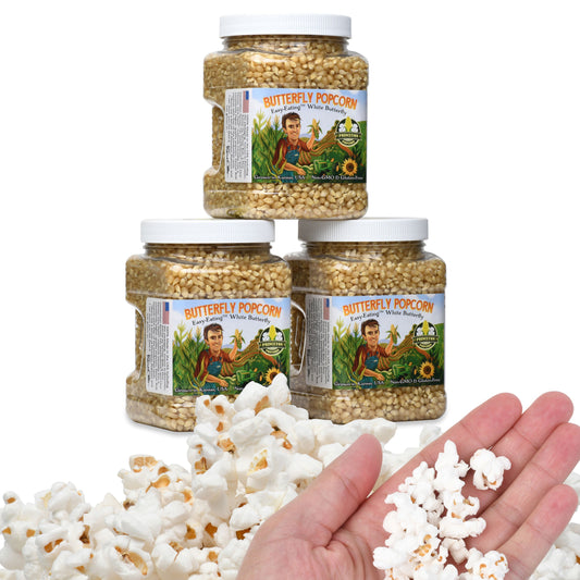 Three Pack White Butterfly Hulless Popcorn Kernels – Non-GMO Tender Corn – Farmer Direct – (3 × 2 lb Tubs)