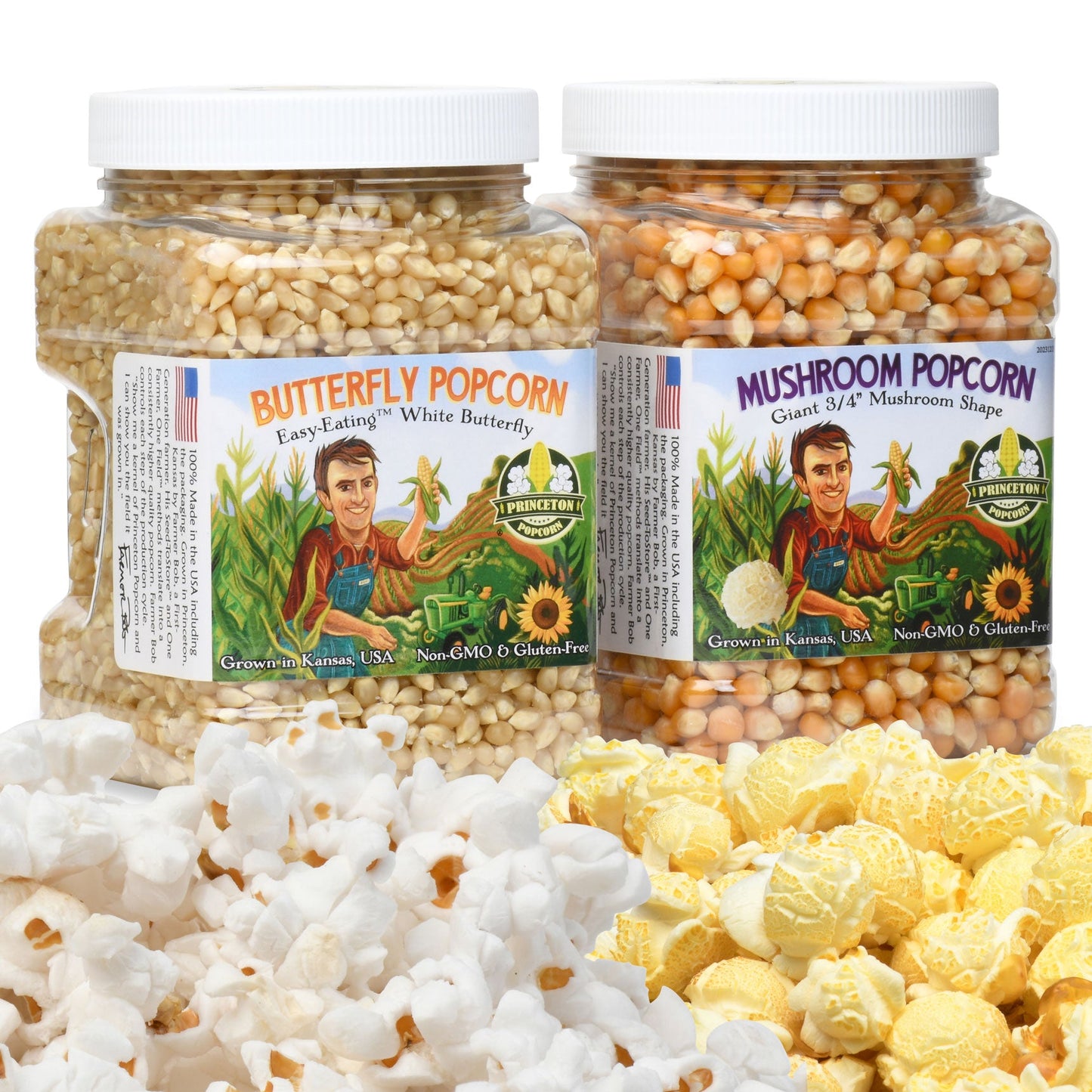 4lbs - Two 2lb Tubs; 1 each White Butterfly Hulless and Yellow Mushroom Popcorn Kernels