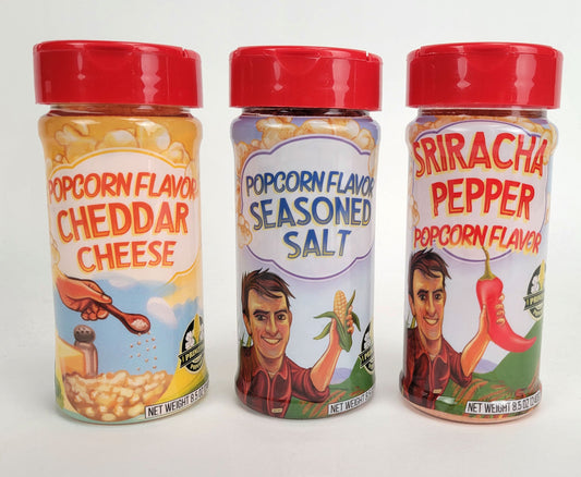 Popcorn Flavor Trio – Cheddar, Farmhouse Salt & Sriracha – Bold Seasonings for Movie Night – (3 × 8.5 oz Jars)
