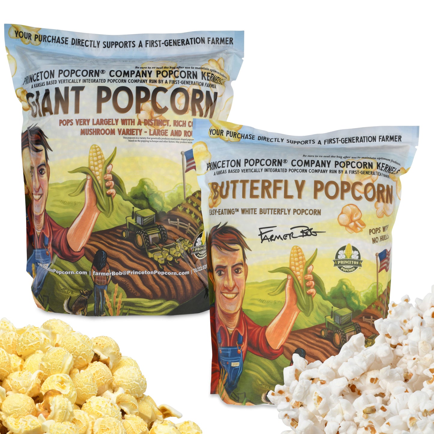 16lbs - Two 8lb Bags; 1 each White Butterfly Hulless and Yellow Mushroom Popcorn Kernels