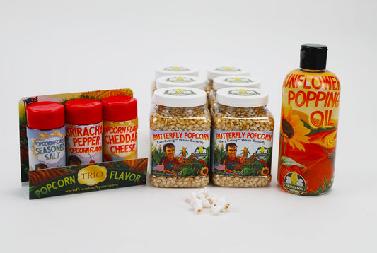 Popping Combo Bundle E – Six-Pack Butterfly Popcorn, Oil & Flavors – Farmer Direct – (6 × 1 lb Tubs + Oil & Flavors)