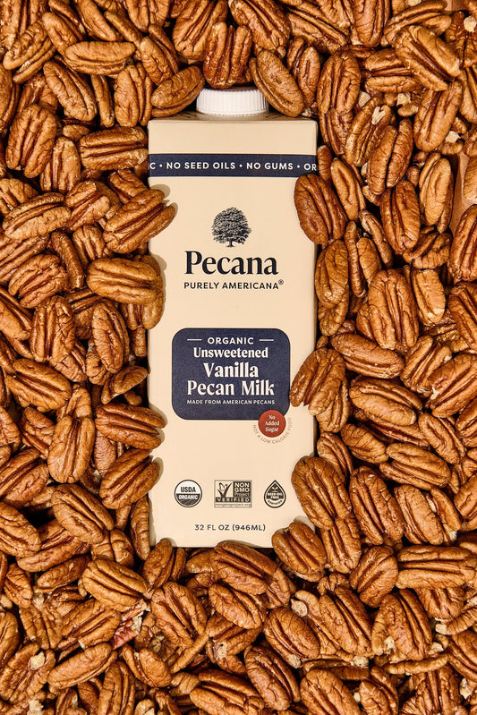 Unsweetened original pecan milk. Organic, creamy, dairy-free nutmilk. Pure and simple.