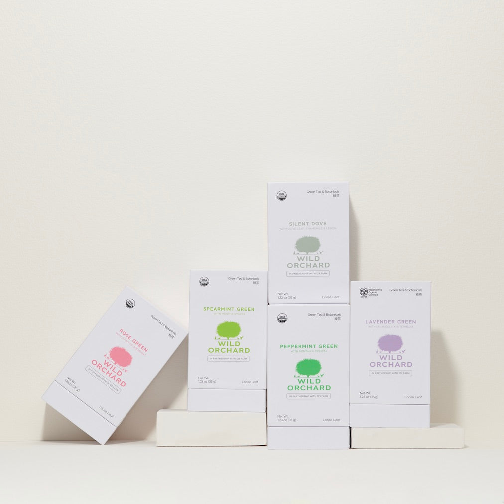 Organic Peppermint Green Tea - Loose Leaf, by Wild Orchard Tea, image of recyclable tea boxes