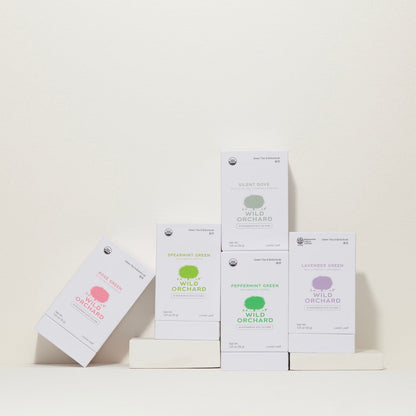 Organic Peppermint Green Tea - Loose Leaf, by Wild Orchard Tea, image of recyclable tea boxes