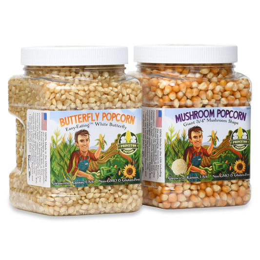 4lbs - Two 2lb Tubs; 1 each White Butterfly Hulless and Yellow Mushroom Popcorn Kernels