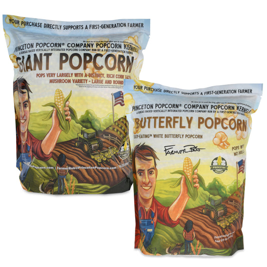 16lbs - Two 8lb Bags; 1 each White Butterfly Hulless and Yellow Mushroom Popcorn Kernels