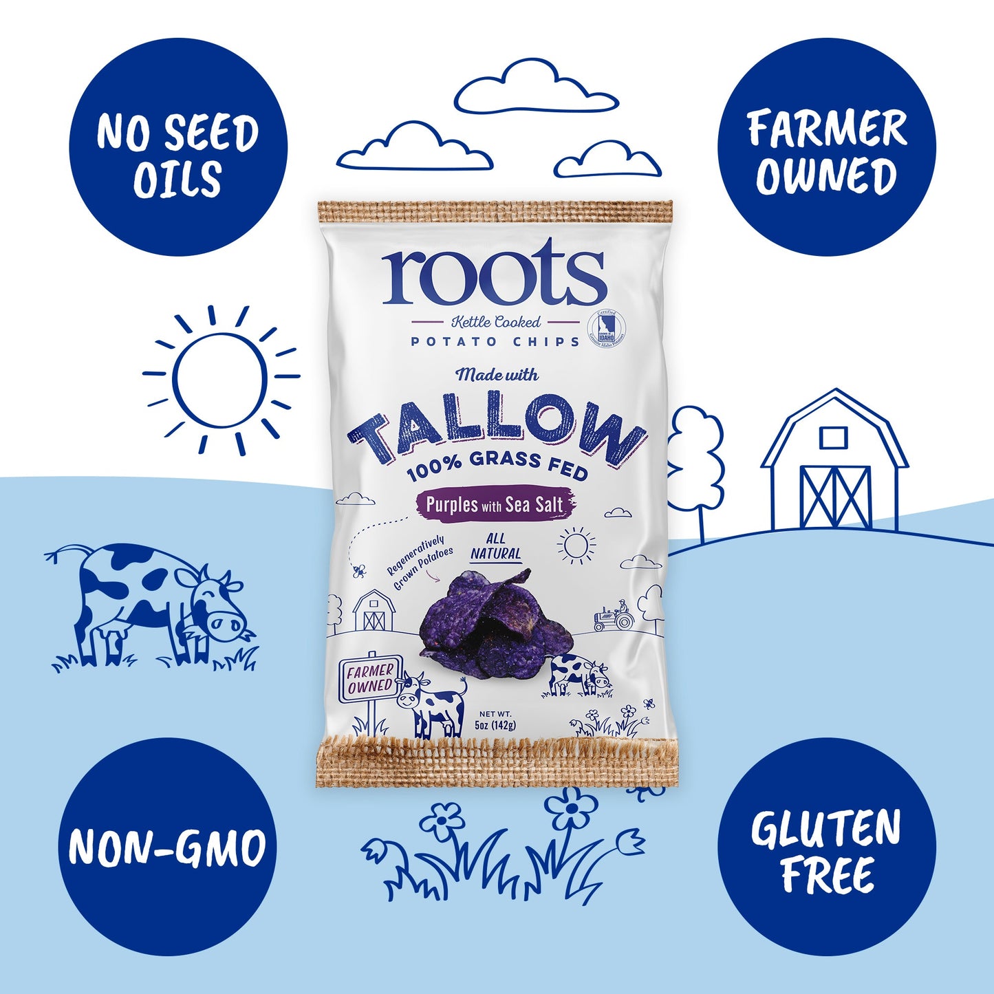 Tallow Purple Sea Salt Kettle Cooked Potato Chips – Naturally Vibrant Flavor – Regenerative Idaho Purple Potatoes Cooked in 100% Tallow – (2 x 5 oz Bags)