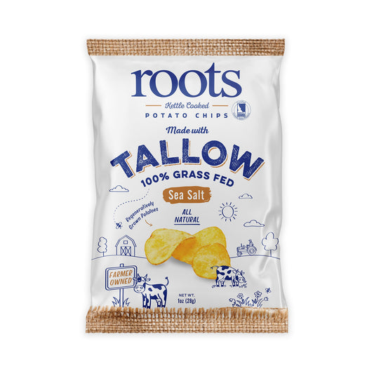 Tallow Sea Salt Kettle Cooked Potato Chips – Rich, Savory Flavor – Regenerative Idaho Potatoes Cooked in 100% Grass-Fed Beef Tallow – (30 x 1 oz Bags)
