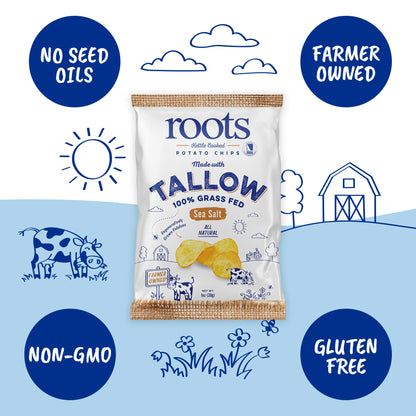Tallow Sea Salt Kettle Cooked Potato Chips – Rich, Savory Flavor – Regenerative Idaho Potatoes Cooked in 100% Grass-Fed Beef Tallow – (30 x 1 oz Bags)
