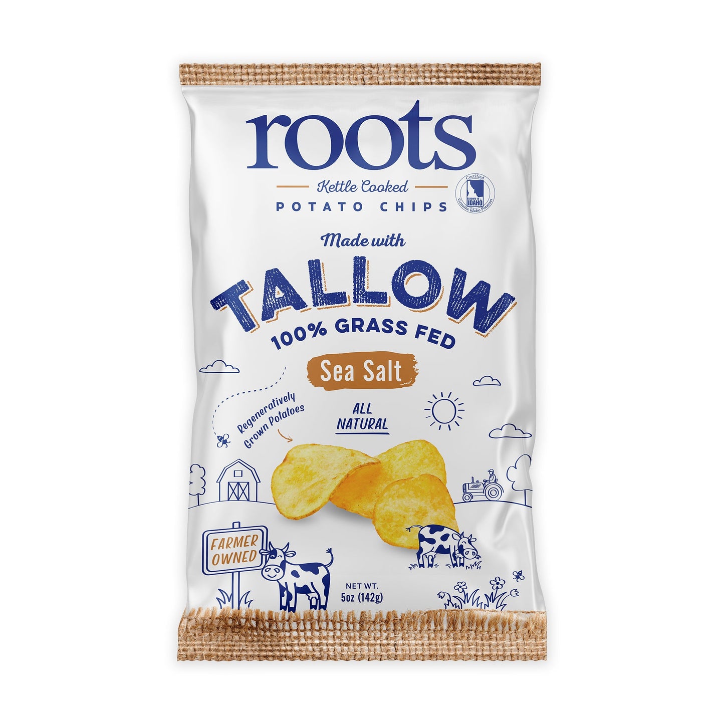 Tallow Sea Salt Kettle Cooked Potato Chips – Rich, Savory Flavor – Regenerative Idaho Potatoes Cooked in 100% Grass-Fed Beef Tallow – (2 x 5 oz Bags)