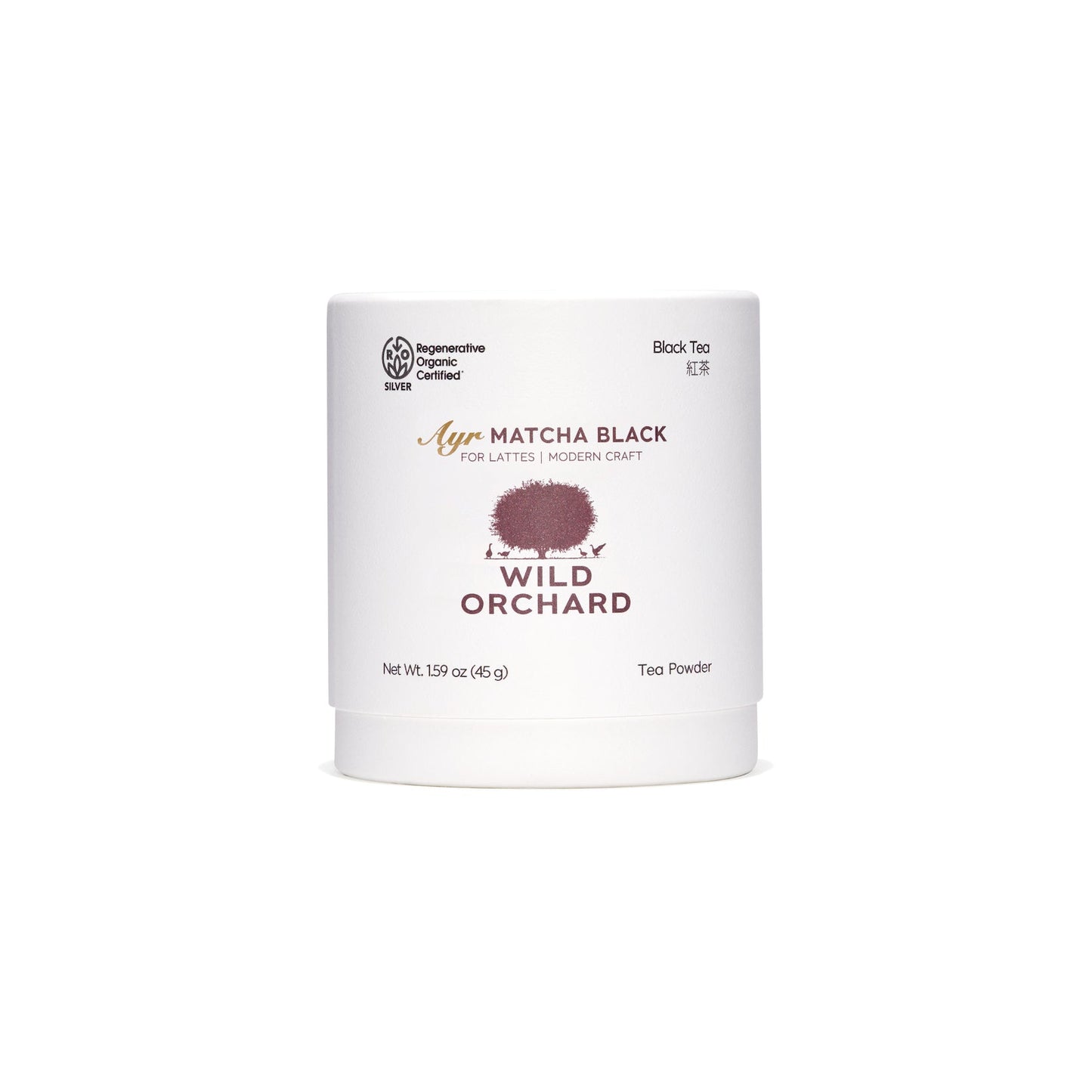 Organic green tea Ayr matcha powder in its recyclable paper container by Wild Orchard