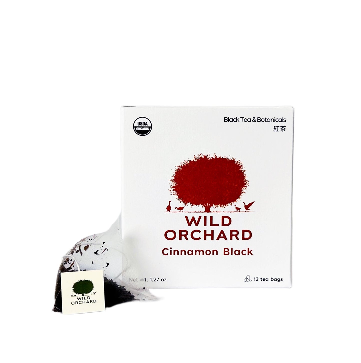 Cinnamon Organic Black Tea Bags by Wild Orchard Tea, image of biodegradable tea bag and recyclable box