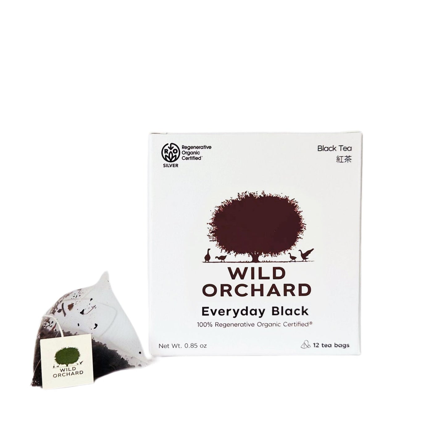 Everyday Organic Black Tea Bags by Wild Orchard Tea, image of tea bag and box
