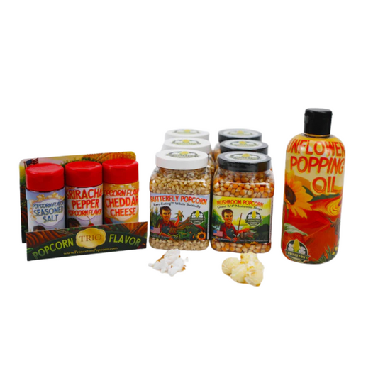 Popping Combo Bundle F - Six-Pack 1lb Mushroom & Butterfly Popcorn, Oil and Flavors