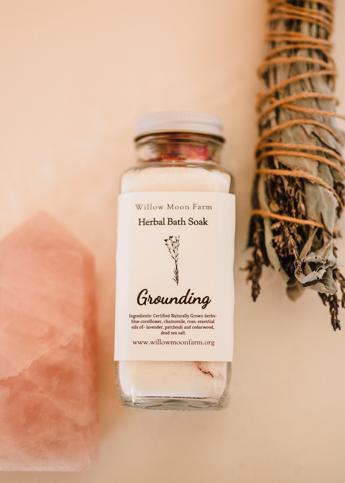 Calming bath salts infused with fresh herbs from our gardens to calm the body and the mind