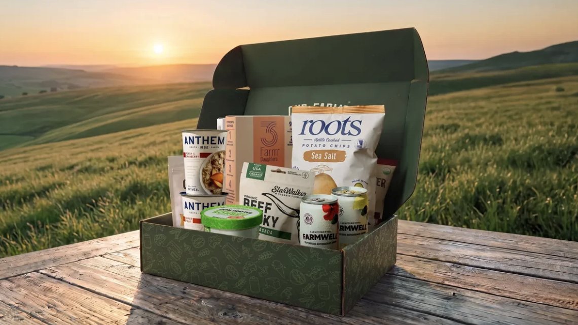 An open Our Farms Box on a farm table at sunset